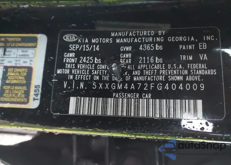 2015 Kia Optima Lx z USA, uszkodzony, nr VIN 5XXGM4A72FG404009